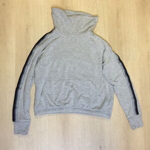 Athleta Girl size XL 14 Gray Hoodie w/ Black Stripes Thumbholes Boxy Cropped